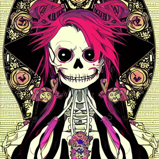 Image similar to anime manga skull portrait young woman hair murakami joker comic skeleton illustration style by Alphonse Mucha pop art nouveau