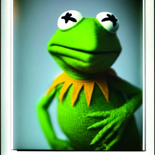 Image similar to Kermit the frog as sith, polaroid photo, instax, white frame, by Warhol,