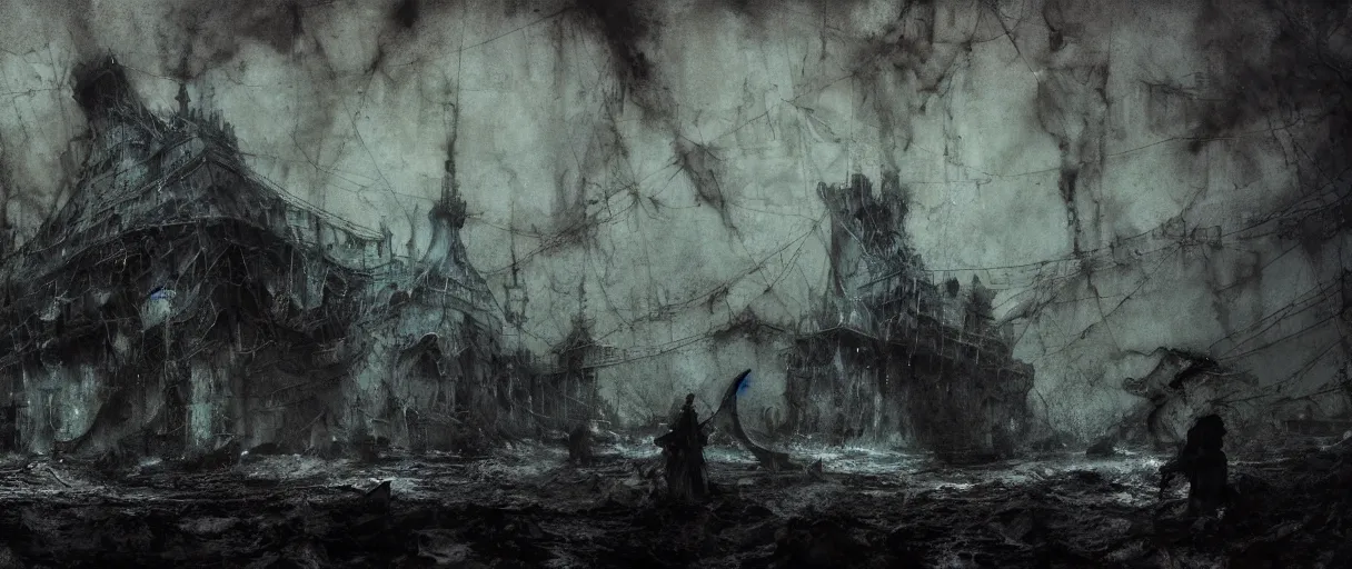 Image similar to wet collodion photography of early xx century r'lyeh sunken city by emil melmoth zdzislaw beksinki craig mullins yoji shinkawa realistic render ominous detailed photo atmospheric by jeremy mann francis bacon and agnes cecile ink drips paint smears digital glitches glitchart
