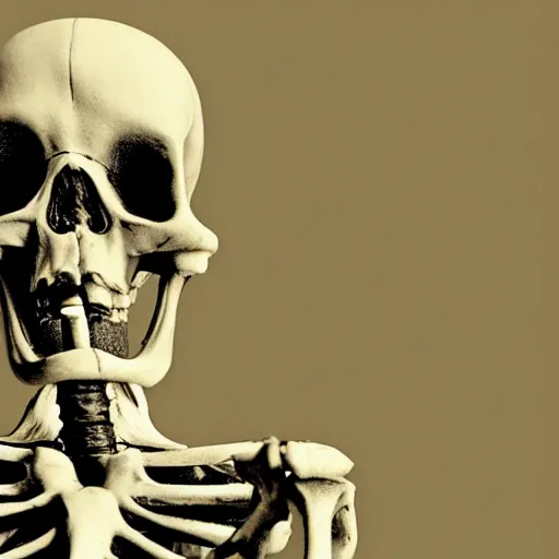 Image similar to skeleton smokin a cig, black background, noir style