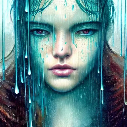 Image similar to girl in rain with wet hair and face, teal, fantasy, intricate, elegant, dramatic lighting, emotionally evoking symbolic metaphor, highly detailed, lifelike, photorealistic, digital painting, artstation, concept art, smooth, sharp focus, illustration, art by John Collier and Albert Aublet and Krenz Cushart and Artem Demura and Alphonse Mucha