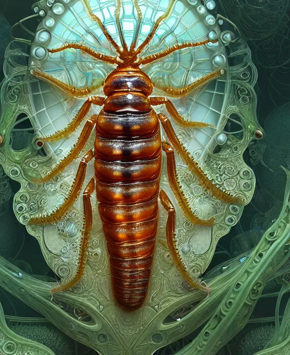 Image similar to intricate ornate opulent transparent clear see - through portrait of a playful beautiful starfish mollusk beetle, fractal, adorable, childlike, overgrown biopunk jungle environment, ultra realistic, concept art, art nouveau, photorealistic, octane render, 8 k, unreal engine. art by christopher marley and artgerm and greg rutkowski and alphonse mucha