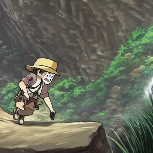 Image similar to Indiana Jones running away from boulder trap, rolling boulder, raiders of the lost ark, made in abyss anime style