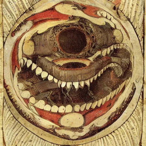 Prompt: and the teeth! what horrendous and gnashing teeth! the concentric and overlaping and gaping and mawing and gnashing and ridiculously obscene teeth, who eats carnivores, whose carnivores eat carnivores, the food chain personified, an ancient illustration tome from 1500s a medieval wreck of a print that is highly oil painting preserved, this diagramatic representation of THE NEED FOR FOOD