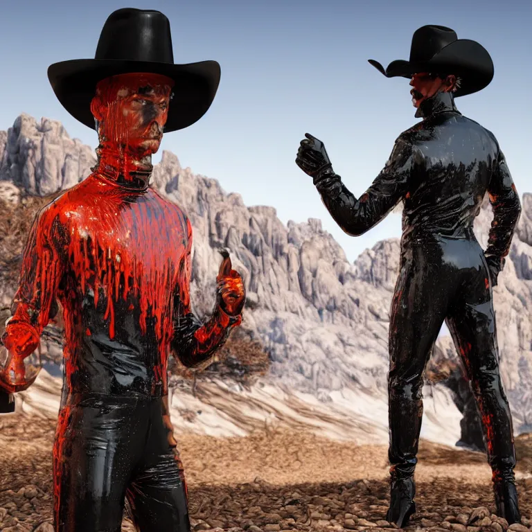 Image similar to octane render portrait by wayne barlow and carlo crivelli and glenn fabry, a man wearing a shiny black latex suit and cowboy hat covered in colorful slime, standing in a scenic western landscape, cinema 4 d, ray traced lighting, very short depth of field, bokeh