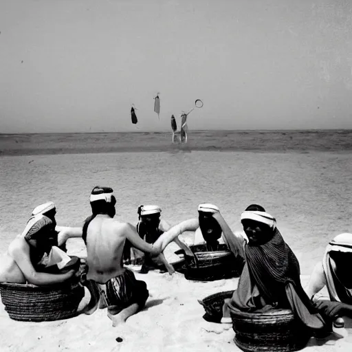 Prompt: pearl divers in the Arab Emirates in the early 20th century, black and white old photo, Kodak, 35mm,