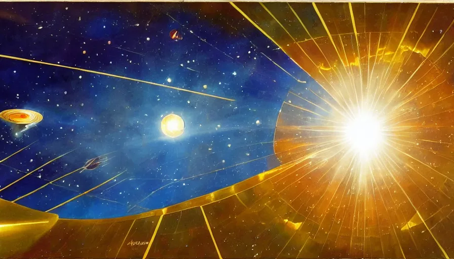 Prompt: solar sail infront of sun, in space, planet earth visible below, art deco painting