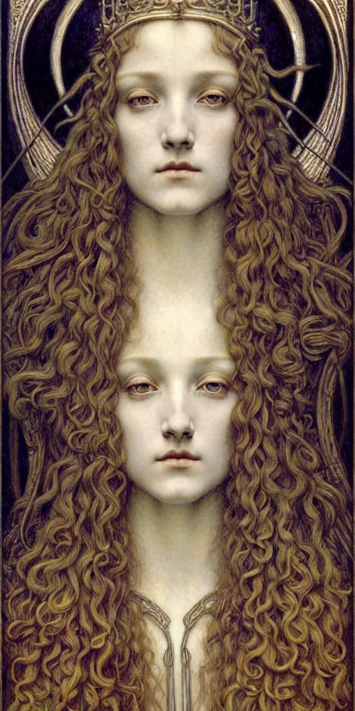 Image similar to detailed realistic beautiful young medieval queen face portrait by jean delville, gustave dore and marco mazzoni, art nouveau, symbolist, visionary, gothic, pre - raphaelite. horizontal symmetry