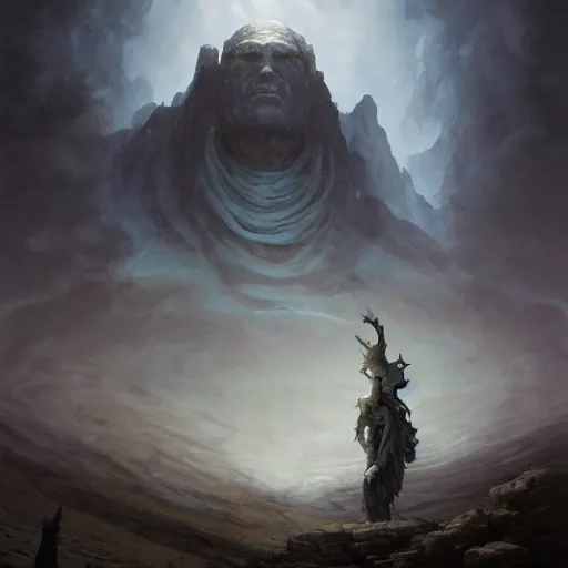 Image similar to stone humanoid colossus by grzegorz rutkowski and richard wright and peter mohrbacher and dan scott, atmospheric haze, stormy, tundra, tiny woman in cloak in foreground silhouette, large scale