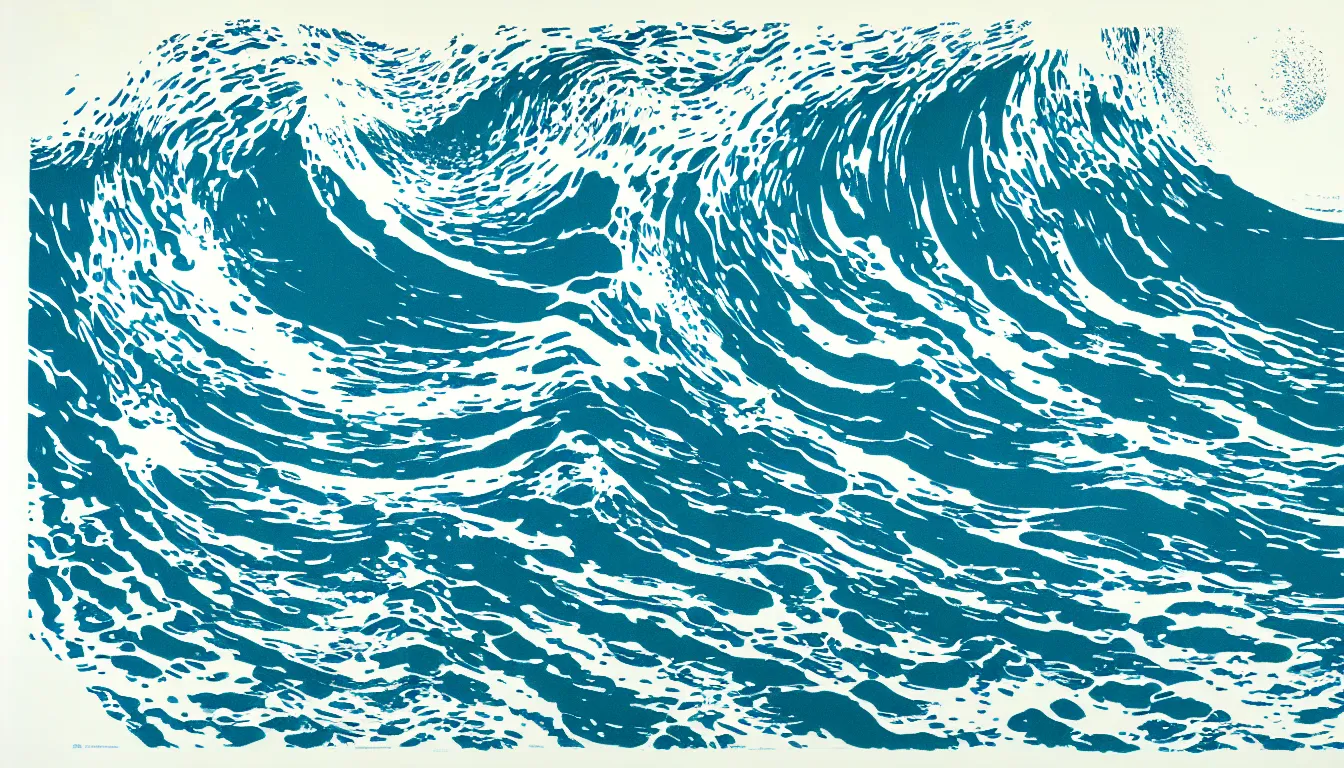 Image similar to ocean wave, a screenprint by robert rauschenberg, behance contest winner, deconstructivism, da vinci, constructivism, greeble