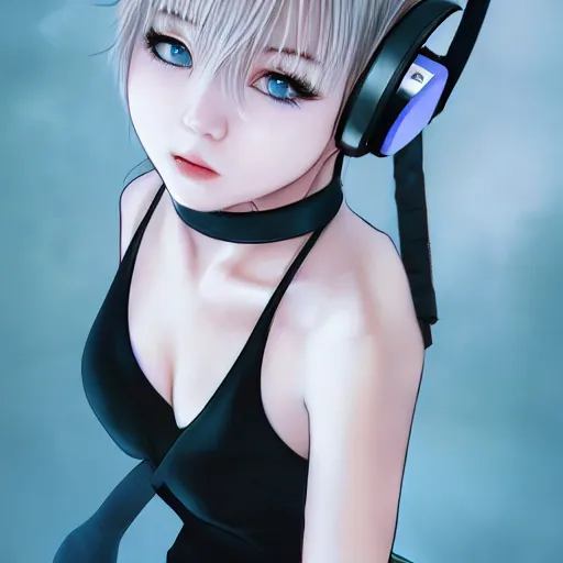 Image similar to realistic teasing detailed semirealism beautiful gorgeous cute Blackpink Lalisa Manoban white hair white cat ears blue eyes, wearing black camisole outfit, headphones, black leather choker full HD 4K high resolution quality WLOP, Aztodio, Taejune Kim, Guweiz, Pixiv, Instagram, Artstation