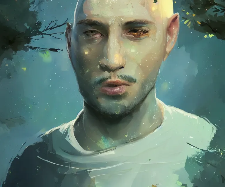 Prompt: painting close - up portrait of a young bald blue - skinned wizard in a forest, masterpiece, trending on artstation, by ismail inceoglu