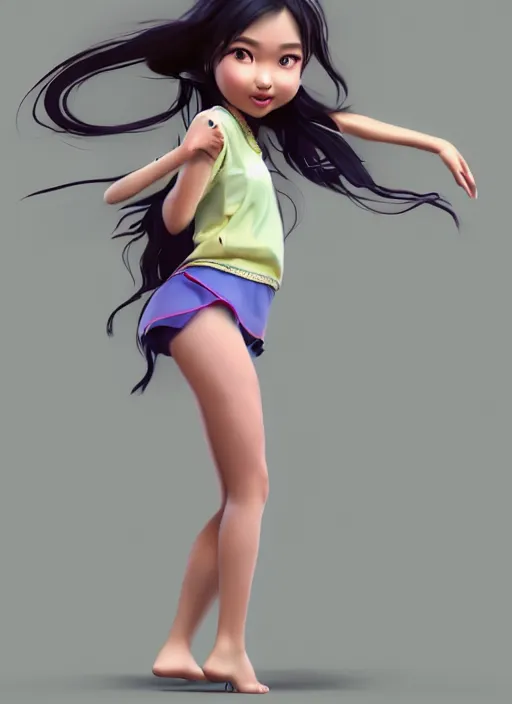 Image similar to a cute asian girl dancing, flowing hair in the style of pixar animation, full body shot, viewed from bellow, award winning, hyper detailed, studio lighting, artstation, octane renderer, unreal engine