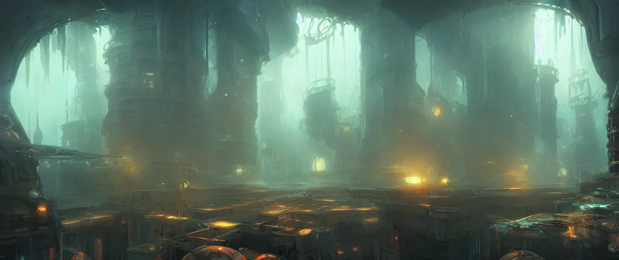 Prompt: digital painting of an underwater dystopian city, rapture from bio shock, style of Ralph Mcquarrie, concept art, high angle, high detail, cold lighting, dark, vivid, beautiful, caustics, trending on artstation, by Jordan grimmer, no focus, huge scene