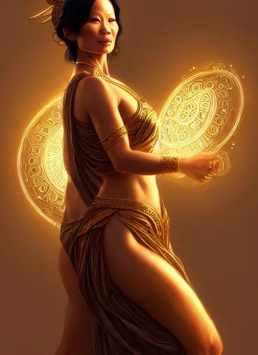 Image similar to lucy liu as greek goddess, intricate, elegant, glowing lights, highly detailed, digital painting, artstation, full figure, glamor pose, concept art, smooth, sharp focus, illustration, art by artgerm and greg rutkowski, artey freytag