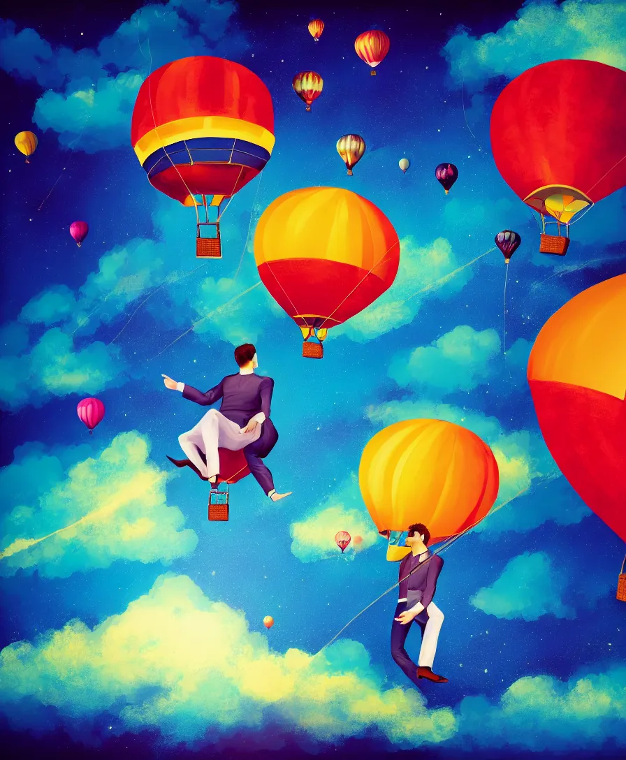 Prompt: portrait of a single man flying in hot air balloon in the colorful space, in the style of greg rutsowski, dark background, hyper realistic