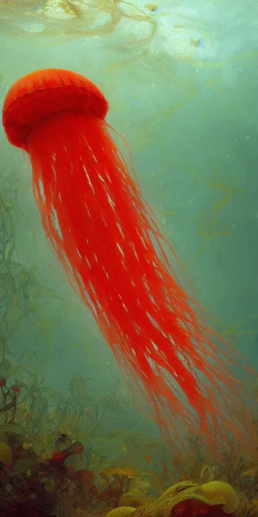 Image similar to a beautiful red jellyfish in an underwater kelp forest, painted by ilya repin, trending on artstation