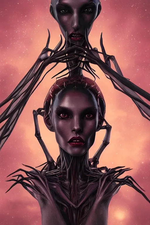 Image similar to portrait of an elegant alien spider queen, long legs, many legs, spindly legs, full body character concept art, by artgerm, tom bagshaw, gerald brom, vaporwave colors, lo - fi colors, vaporwave, lo - fi, moody vibe, goth vibe, 4 k, hd,