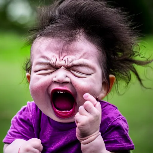 Image similar to dslr photo of an angry baby, screaming, whose head is a red cabbage