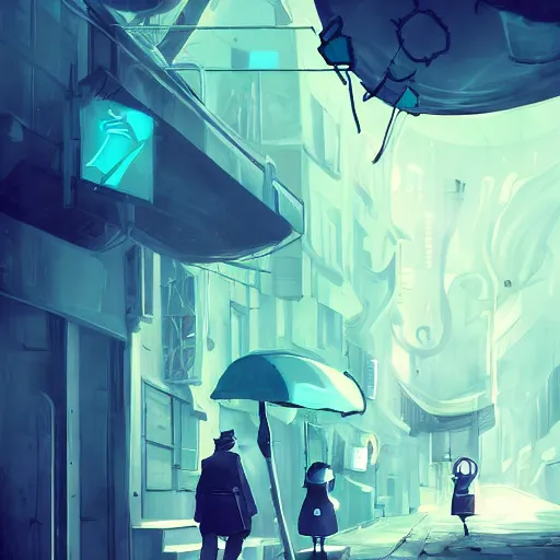 Prompt: teal and white colors. Alleyway in style of cytus and deemo, mysterious vibes, set in half-life 2, beautiful with eerie vibes, very inspirational, very stylish, surrealistic, perfect digital art, mystical journey in strange world, bastion game