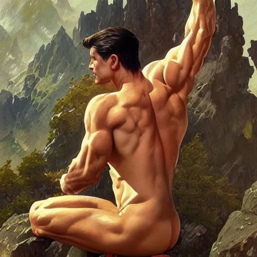 Image similar to ultra realistic illustration, a very tall and muscular gigachad flexing on top of a mountain, zyzz pose, intricate, elegant, highly detailed, digital painting, artstation, concept art, smooth, sharp focus, illustration, art by artgerm and greg rutkowski and alphonse mucha