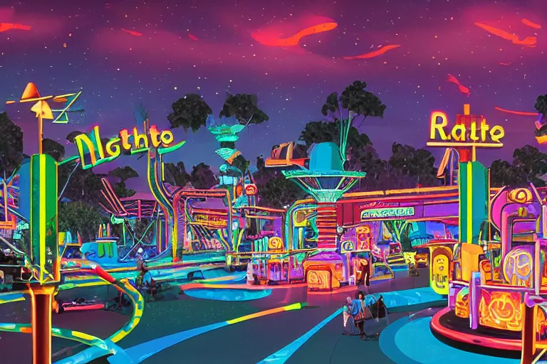 Prompt: retrofuturistic theme park, night glow