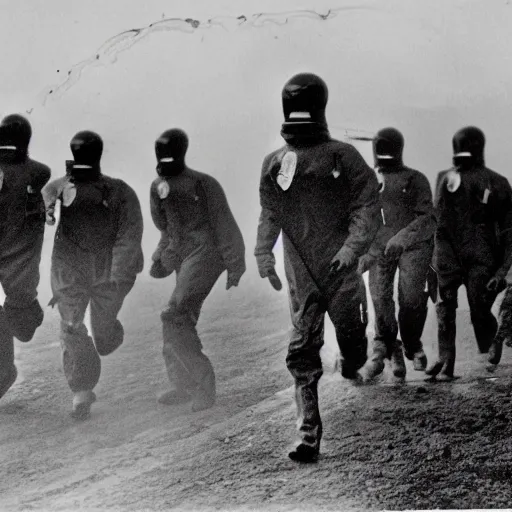 Prompt: old black and white photo, 1 9 1 3, depicting scientists in hazmat suits running from an alien biomechanical octopus, historical record, volumetric fog