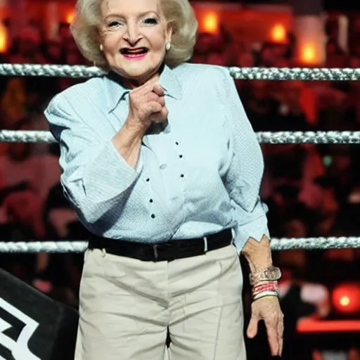 Image similar to betty white as wwe champion standing in a wrestling ring