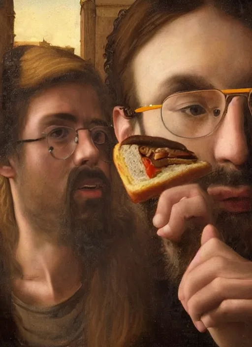 Prompt: realistic portrait of cug, tiktoker danny mondello eating a sandwich, italian guy with glasses long brown hair and a goatee, renaissance portrait painting, greg rutkowski, beautiful light