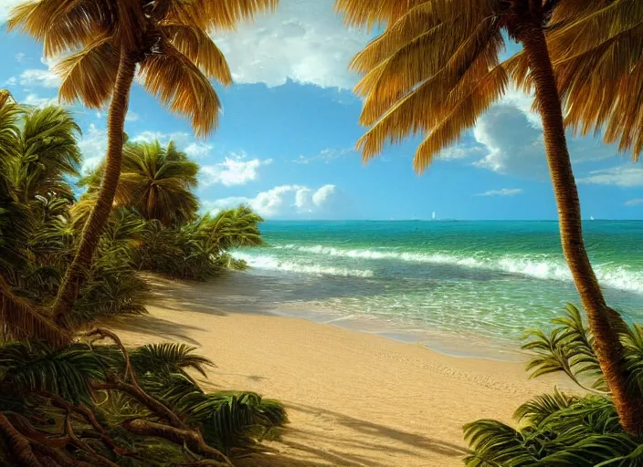 Prompt: a beautiful tropical beach by ivan fedorovich choultse, cinematic lighting