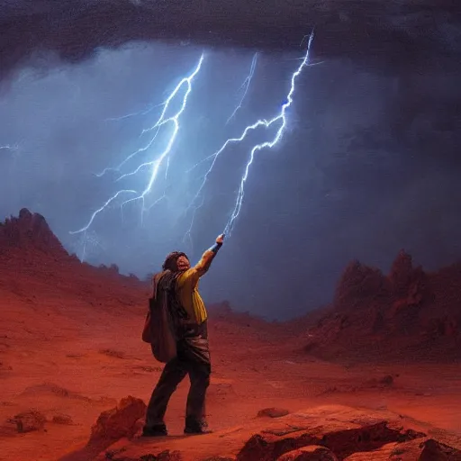 Image similar to UHD tonalism painting of Jack Black calling the lightning on Mars, by Antonio Caparo and Ferdinand Knab and Greg Rutkowski, UHD, photorealistic, trending on artstation, trending on deviantart