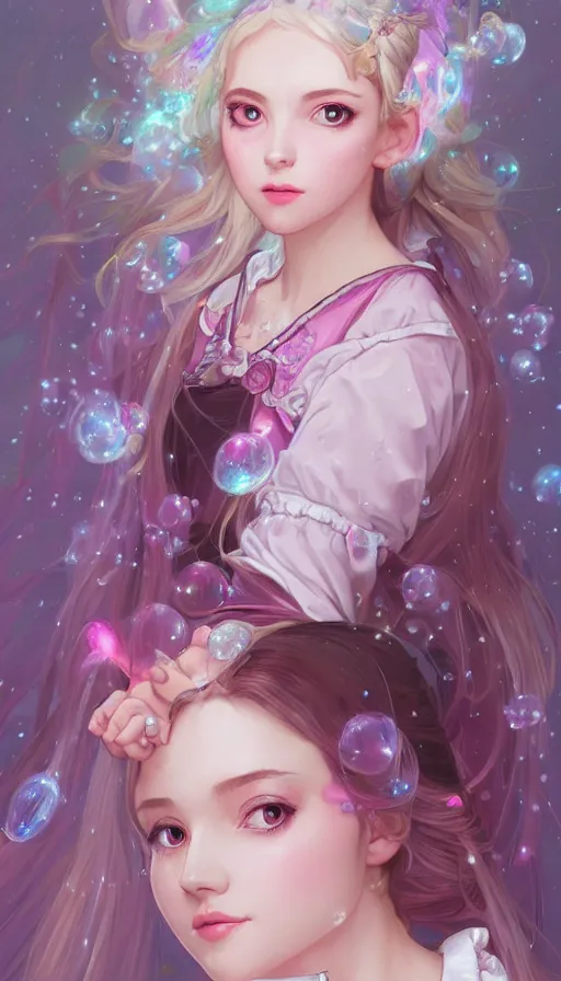 Image similar to portrait of magical lolita girl, dreamy and ethereal, expressive pose, big pink eyes, exciting expression, fantasy, intricate, elegant, many rainbow bubbles, rose tones, highly detailed, digital painting, artstation, concept art,cyberpunk wearing, smooth, sharp focus, illustration, art by artgerm and greg rutkowskiand alphonse mucha