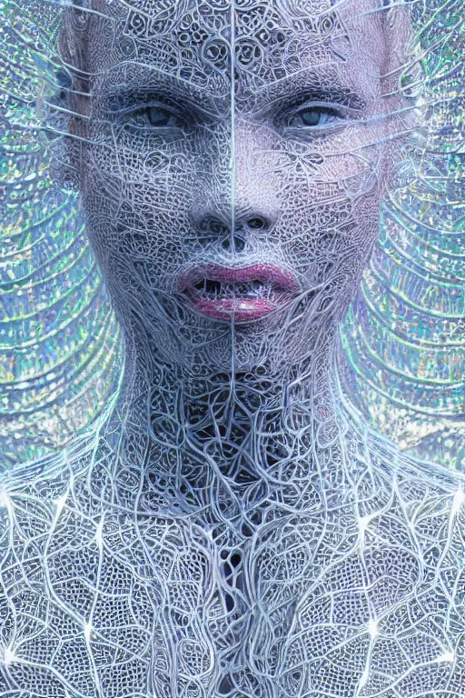 Image similar to a melancholic realistic 8k Sculpture of a complex robotic human face, liquid simulation, bright psychedelic colors, dramatic lighting, hexagonal mesh wire, filigree intricate details, cinematic, fleshy musculature, white blossoms, elegant, 50mm lens, DOF, octane render, art nouveau, 8k post-processing, intricate art by Frank Lloyd Wright