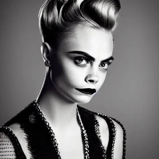 Prompt: portrait of beautiful cara delevingne with a 1 9 5 0 s hairstyle by mario testino, ca. 1 9 5 0, headshot, detailed, award winning, sony a 7 r