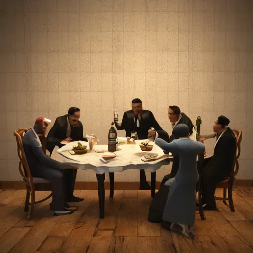 Image similar to a mafia family having dinner around a table, 3 d render octane, trending on artstation