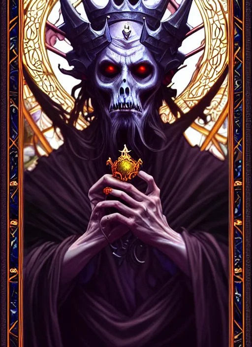 Prompt: undead king, tarot card, highly detailed, deep focus, elegant, digital painting, smooth, sharp focus, illustration, ultra realistic, 8 k, art by artgerm and alphonse mucha