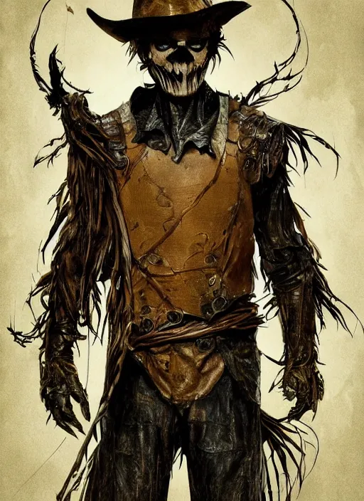 Image similar to powerful male scarecrow, willem dafoe as scarecrow, full body character concept, covered in full leather armor, art nouveau, super powers, fantasy, intricate, elegant, highly detailed, digital painting, artstation, concept art, shining, sharp focus, terrifying, horror, fear, scary, illustration, art by stanley lau