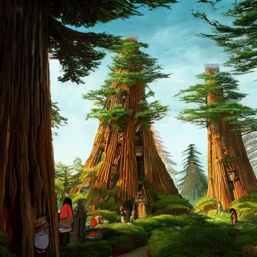 Image similar to Tlingit Maori forest of redwoods carved into towers with bulbous balconies, with a bazaar among their roots, by Studio Ghibli, Bruegel, Greg Rutkowski, and Ansel Adams, 1080p