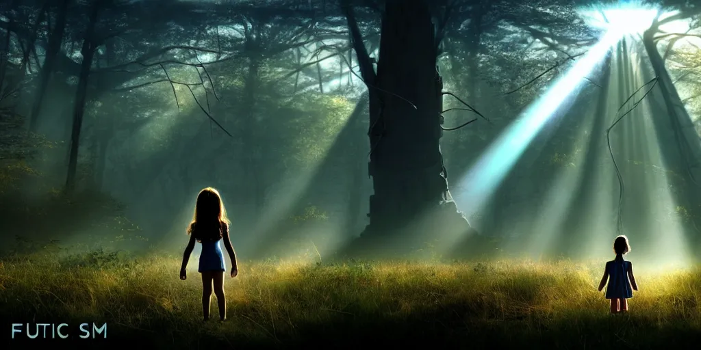 Image similar to sci - fi scene future new york, one little girl holding the hand of an iron giant robot, forest punk, crepuscular rays, epic scene, hyper realistic, photo realistic, overgrowth, cinematic atmosphere, ethereal lighting,