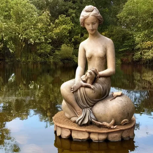 Image similar to a statue of a woman sitting in the middle of a pond with a fox resting in her lap