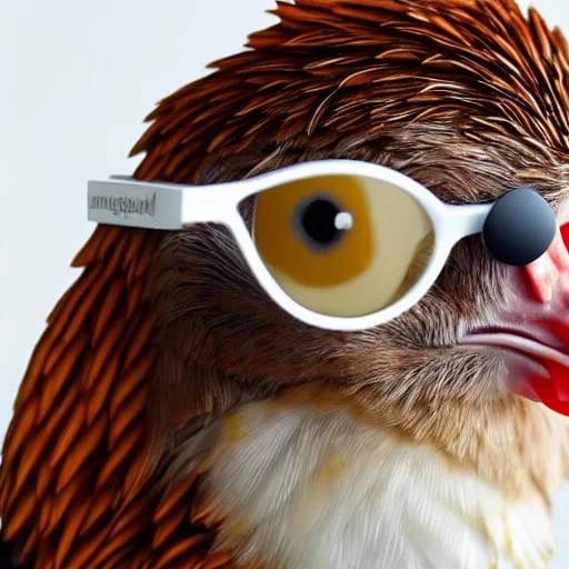 Prompt: a close up portrait of a very sophisticated!!! chicken wearing glasses!. Staring at the camera!!!
