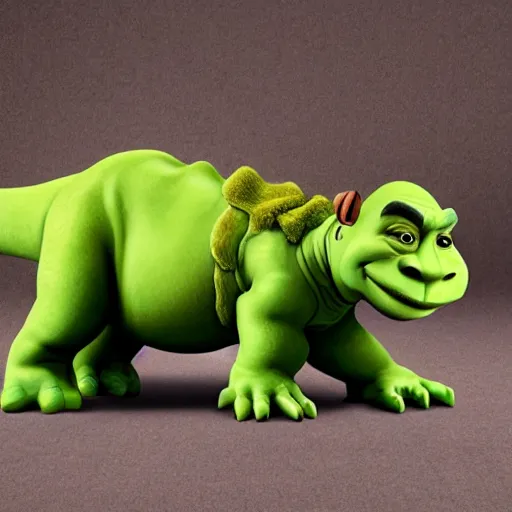 Prompt: dinosaur in the colour and shape of Shrek