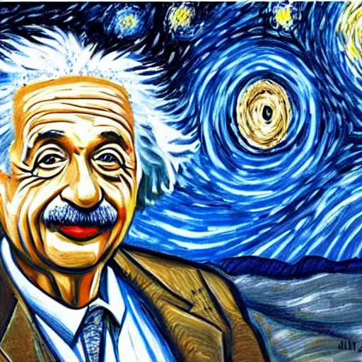 Image similar to albert einstein self portrait in the style of starry night