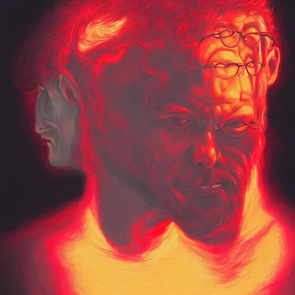 Prompt: bright realistic todd solondz turning into god and satan, diffuse lighting, fantasy, intricate, elegant, highly detailed, lifelike, photorealistic, digital painting, artstation, illustration, concept art, smooth, sharp focus, art by francis bacon