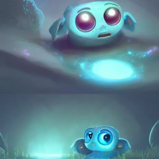 Prompt: adorable glowing creature, trending on artstation, cute, big eyes, matte painting, concept art, pixar, disney, highly detailed, cinematic composition, unreal engine