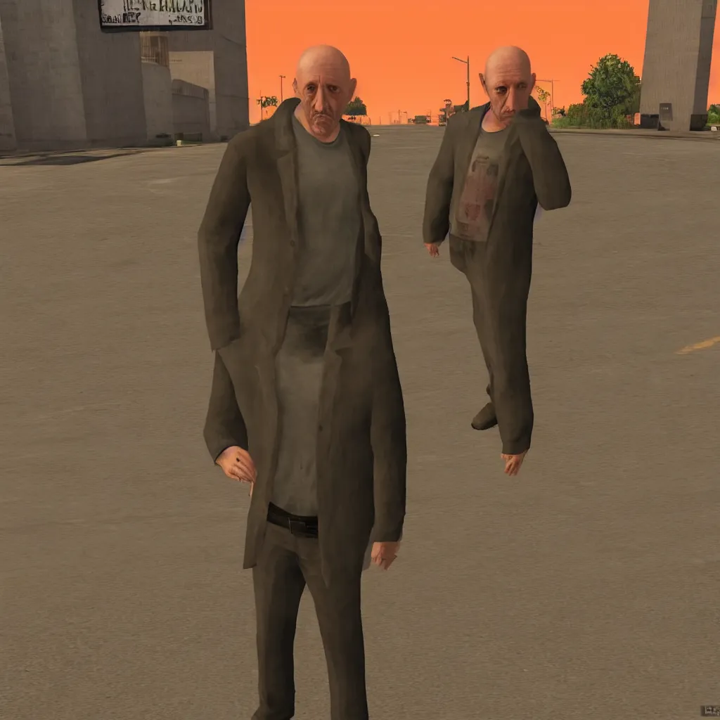 Image similar to Mike Ehrmantraut in Los Santos, screenshot from the PS2 version of GTA San Andreas, orange sky