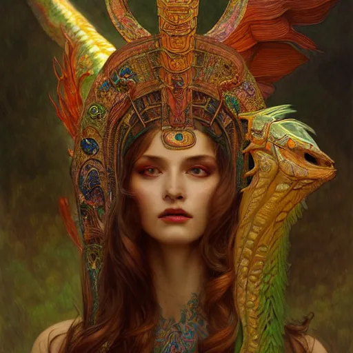 Image similar to a quetzalcoatl, diffuse lighting, fantasy, intricate, elegant, highly detailed, lifelike, photorealistic, digital painting, artstation, illustration, concept art, smooth, sharp focus, art by john collier and albert aublet and krenz cushart and artem demura and alphonse mucha