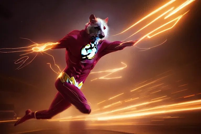 Prompt: a stunning digital painting of a opossum as the flash in spandex costume, running in the speedforce by greg rutkowski, volumetric light, digital art, fine detail, photorealistic