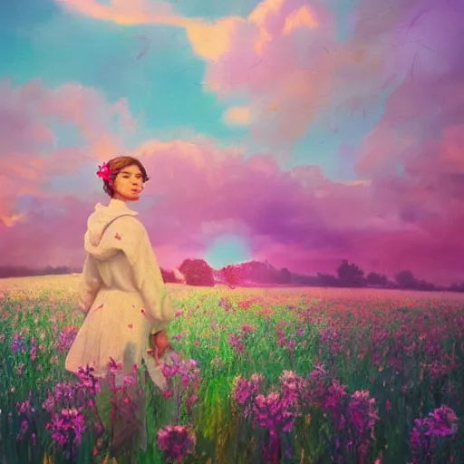 Image similar to girl with a singular flower for a head, surreal photography, dream, standing in flower field, magical, in a valley, sunrise dramatic light, impressionist painting, colorful clouds, artstation, simon stalenhag, flower face