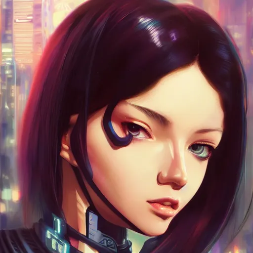 Image similar to a comic potrait of a cyberpunk cyborg girl with big and cute eyes, fine - face, realistic shaded perfect face, fine details. night setting. very anime style. realistic shaded lighting poster by ilya kuvshinov katsuhiro, magali villeneuve, artgerm, jeremy lipkin and michael garmash, rob rey and kentaro miura style, trending on art station